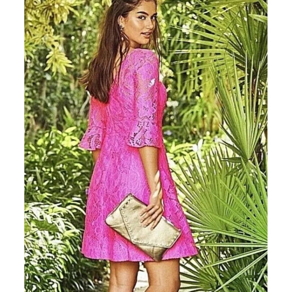 Lilly Pulitzer Allyson Pink Tropics Floral Lace Tie Neck Mini Lined Dress Size 4